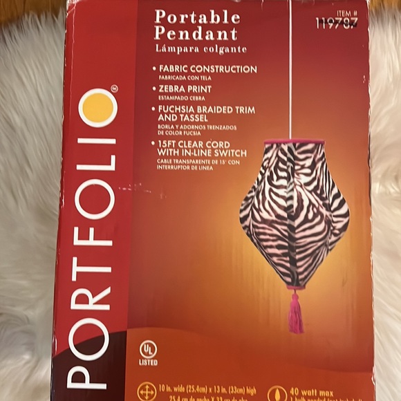 Zebra Print black & white with pink trim potable pendant light lamp New in Box! - Picture 2 of 4